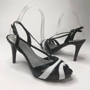 Fioni Miss Puerto Rico Universe Shiny Black White Peep-toe Strappy Heels Sandals